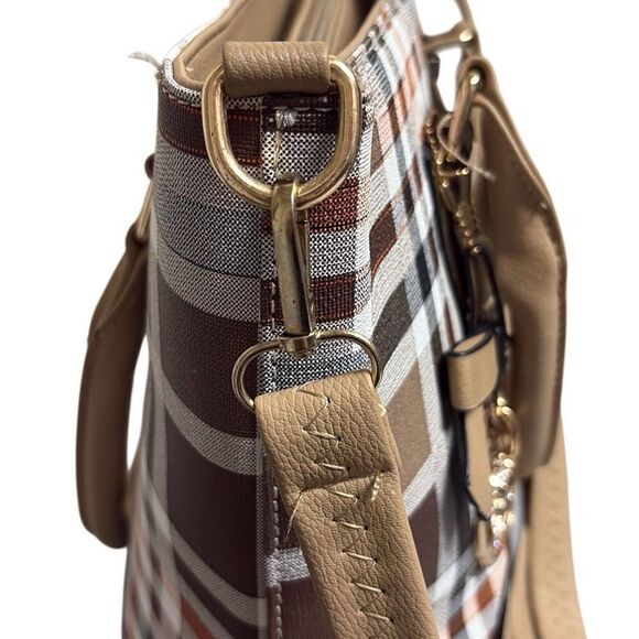 Kate Hill Brown Plaid Crossbody Shoulder Convertible Adjustable Handbag Purse - Picture 4 of 10
